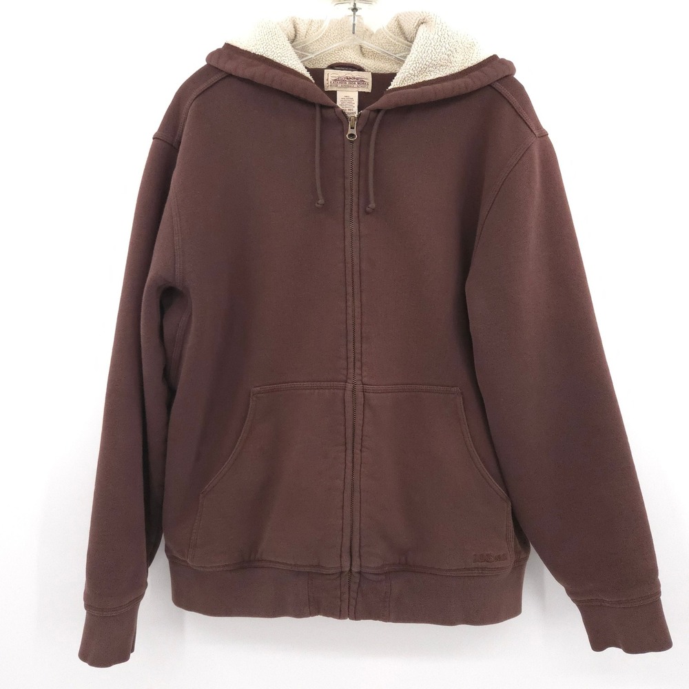 LL Bean Katahdin Iron Works Hoodie Mens Medium Brown Sherpa Lined‎ Full Zip